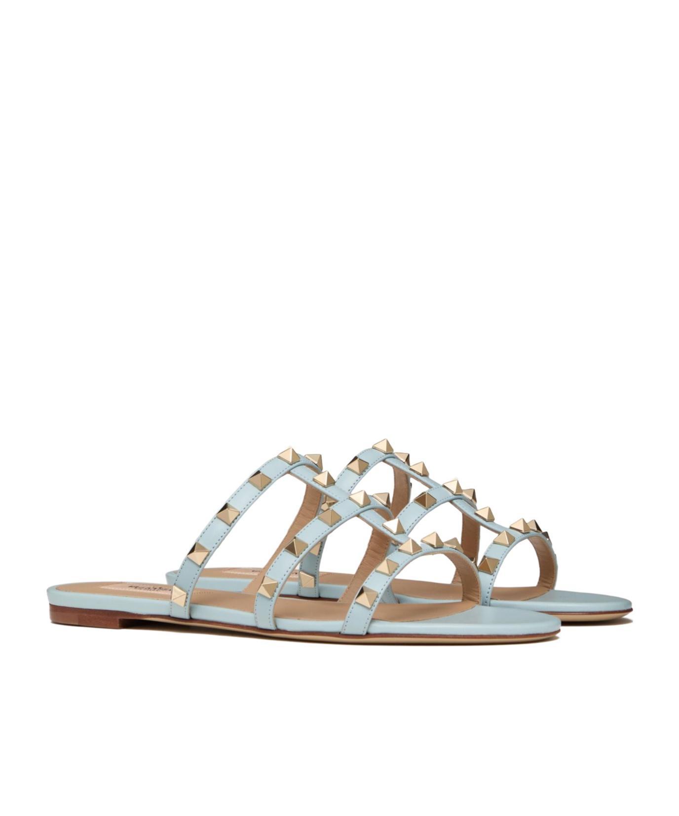 VALENTINO GARAVANI Rockstud Flat Slide Sandal Woman Porcelain Blue 39.5 Product Image