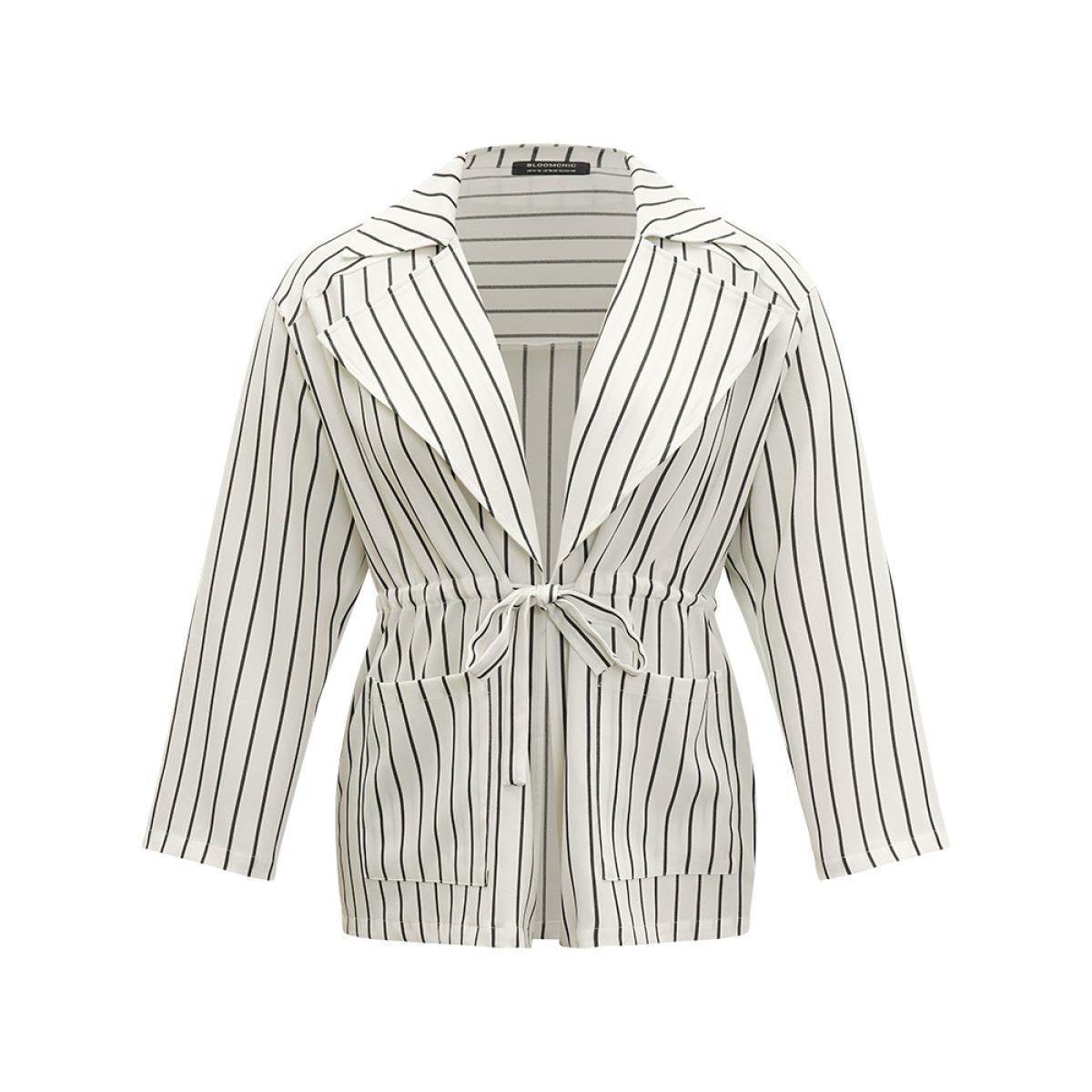 Plus Size Striped Suit Collar Drawstring Patched Pocket Coat Women White Casual Knotted Ladies Everyday Winter Coats BloomChic 18-20/2X Product Image