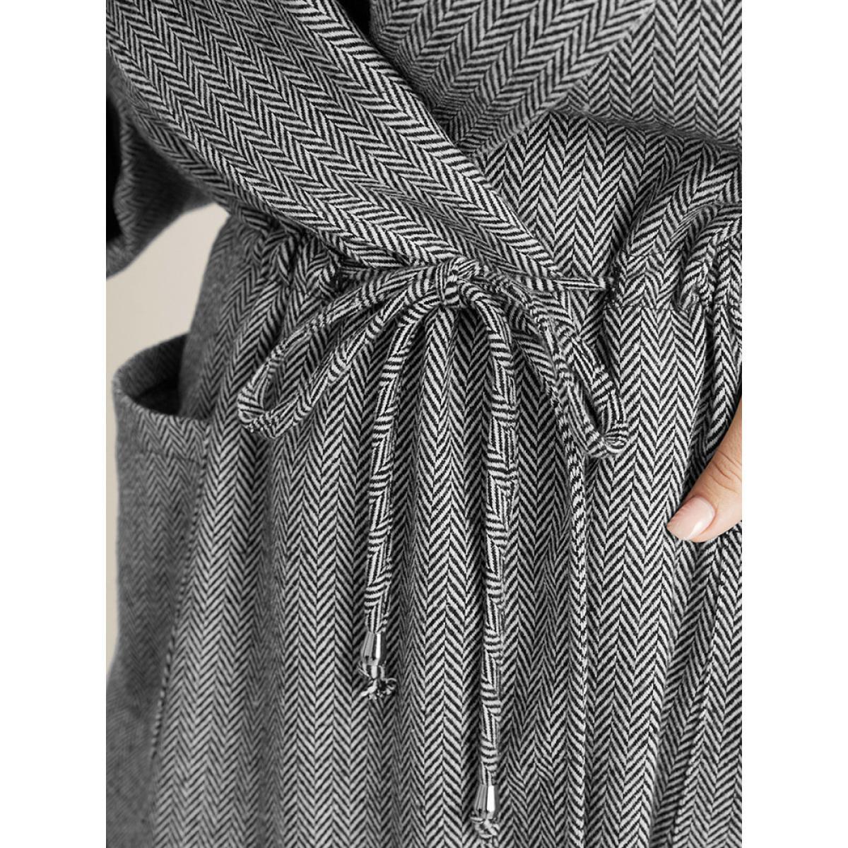 Plus Size Chevron Pattern Pocket Split Hem Drawstring Coat Women Black At the Office Drawstring Ladies Work Winter Coats BloomChic 22-24/3X Product Image