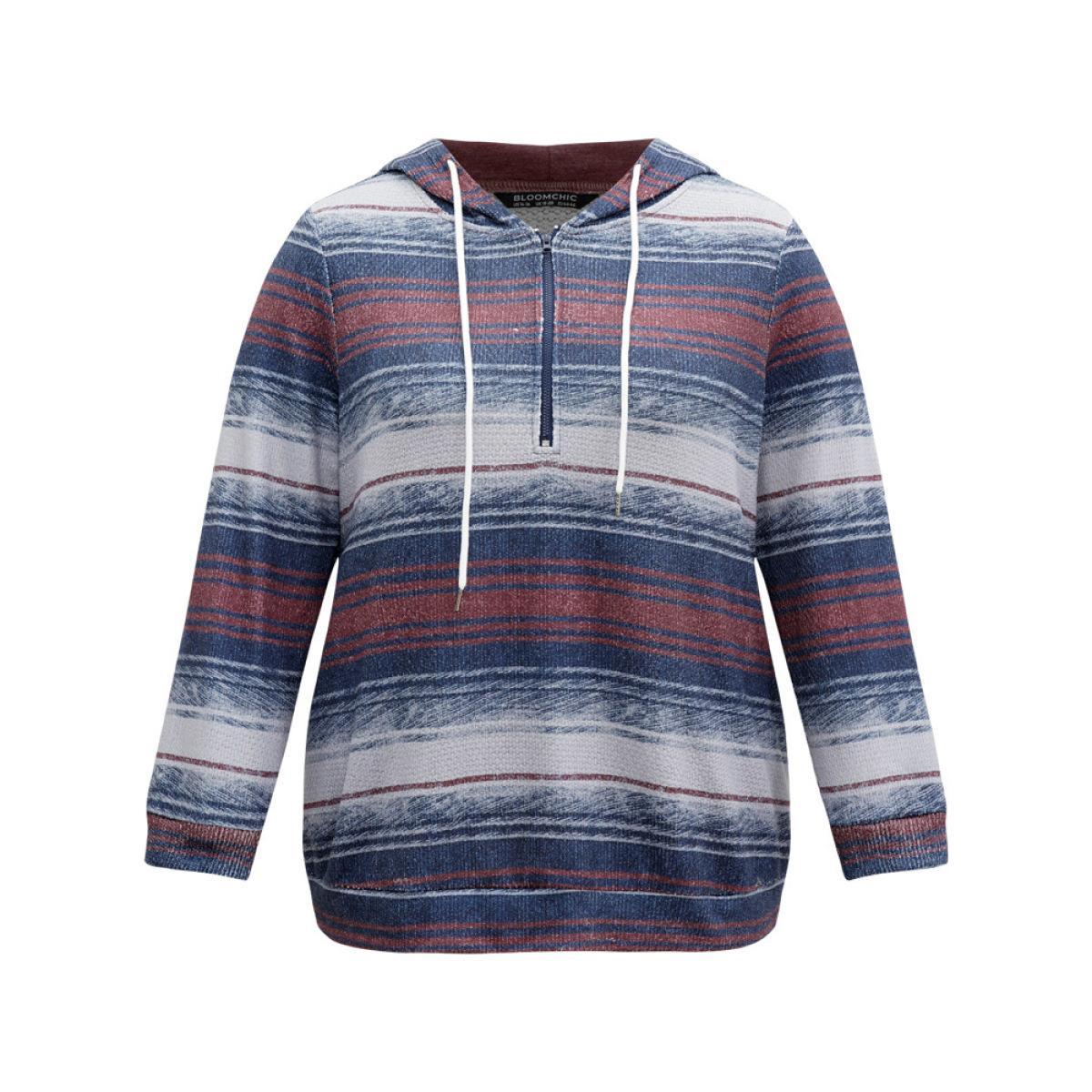 Plus Size Colour Striped Hooded Pocket Half Zip Sweatshirt Women Indigo Casual Contrast Hooded Dailywear Sweatshirts BloomChic 26/4X Product Image