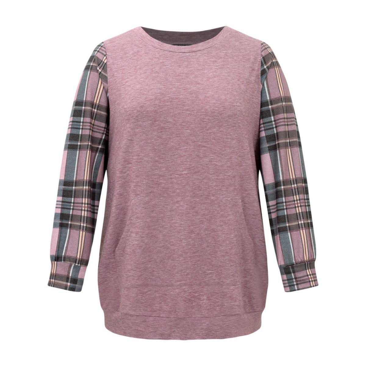 Plus Size Plaid Print Patchwork Kangaroo Pocket Sweatshirt Women Purple Casual Patchwork Round Neck Dailywear Sweatshirts BloomChic 10/M Product Image