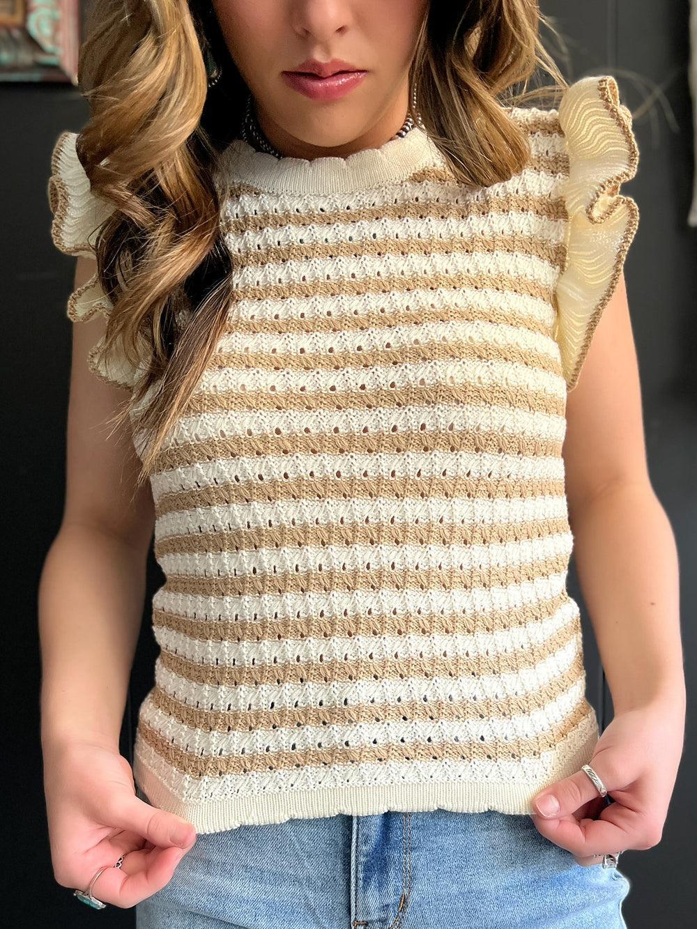 Cream And Beige Knitted Sweater Ruffle Sleeve Top Product Image