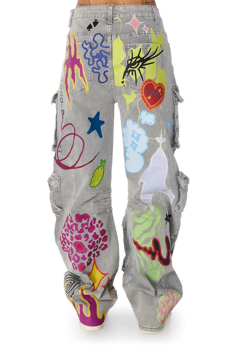 GRAFFITI DETAIL RELAXED LEG CARGO JEANS Product Image