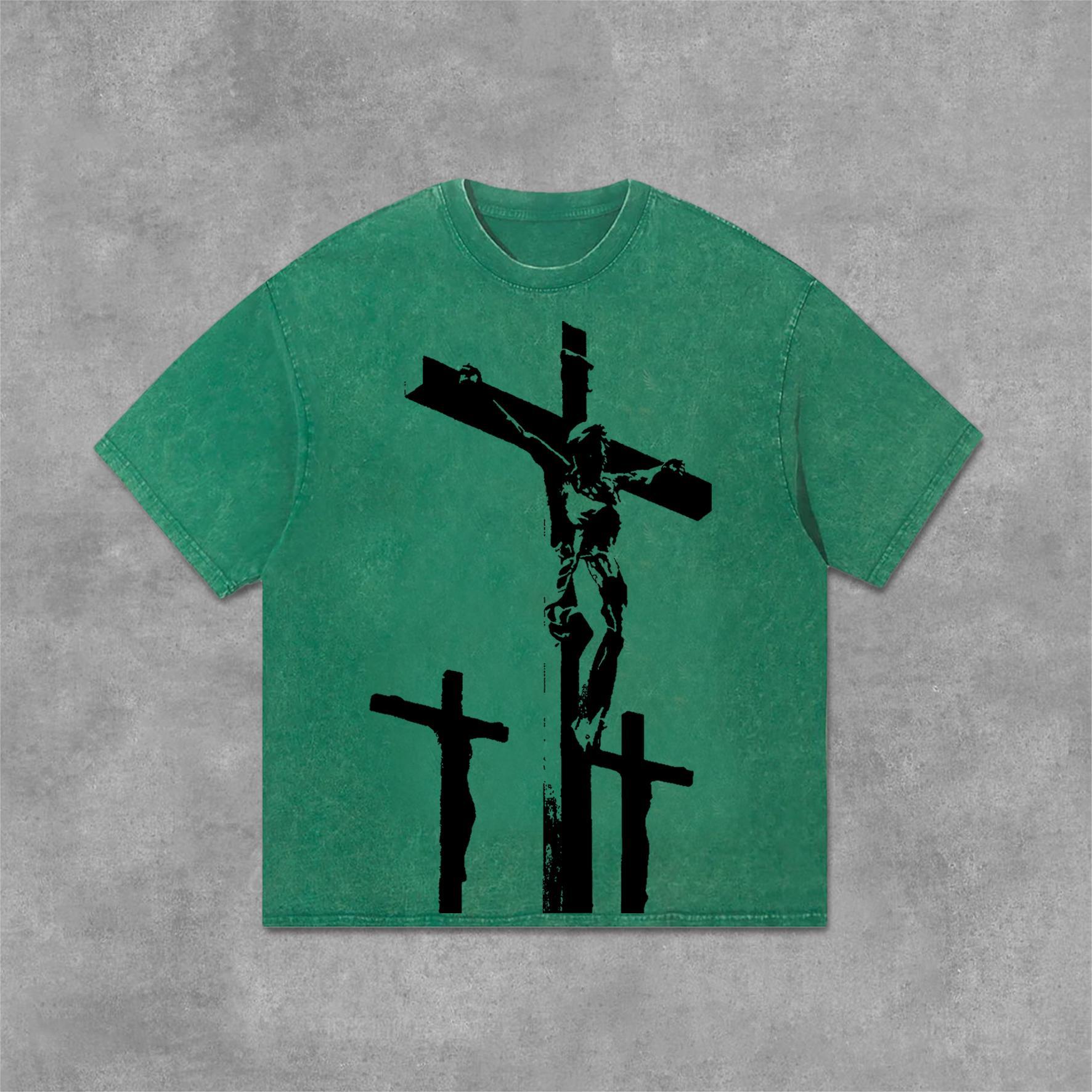 Jesus Cross Graphics Print Acid Washed T-Shirt Product Image