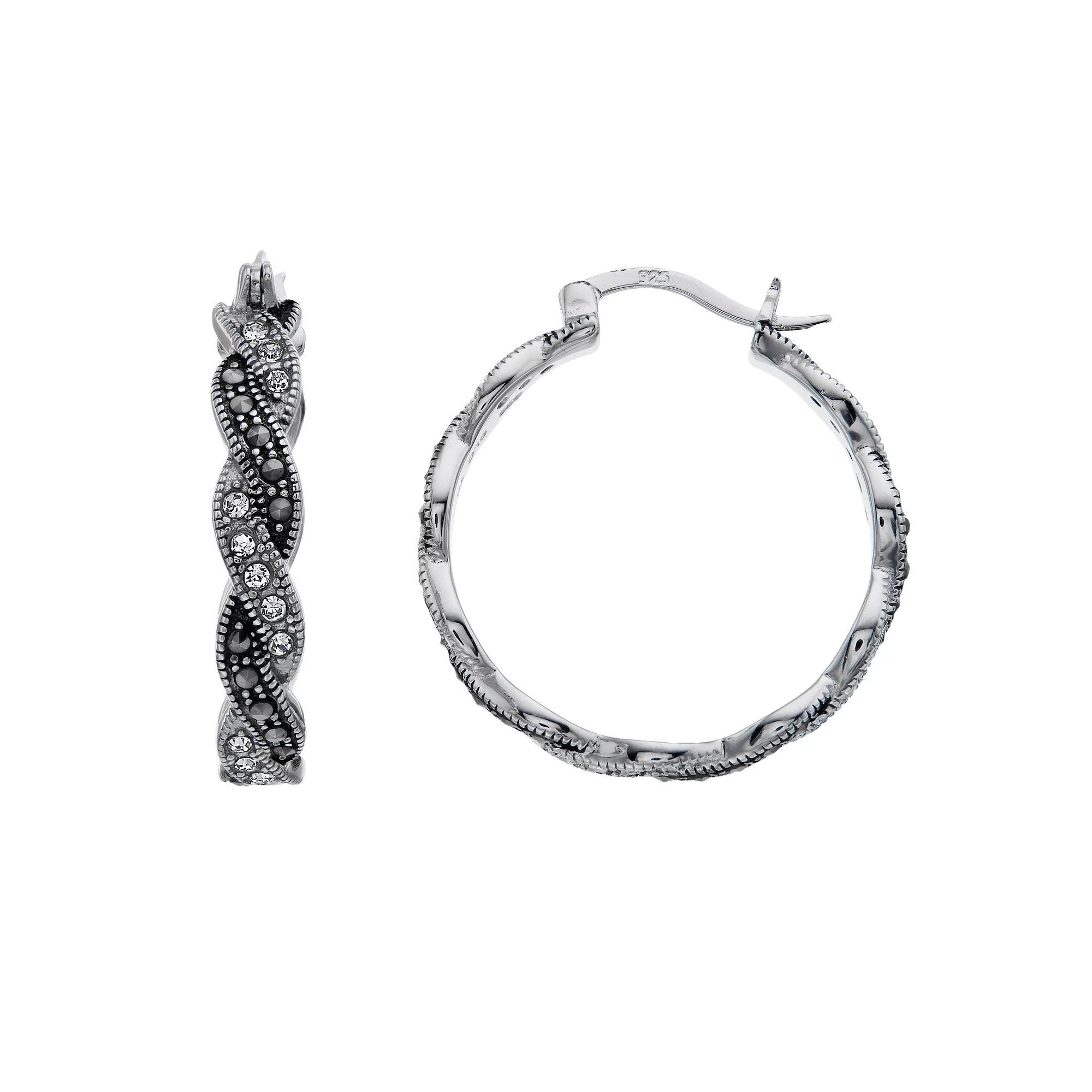 Tori Hill Sterling Silver Marcasite & Crystal Braided Round Hoop Earrings, Womens Product Image