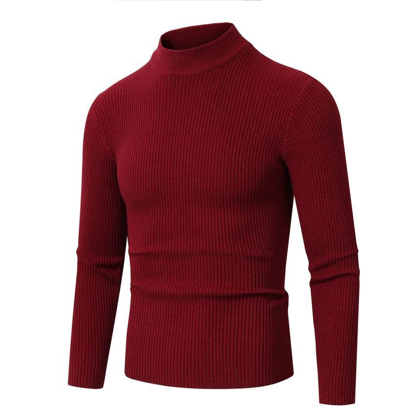 Long-Sleeve Mock Neck Plain Knit Top Product Image