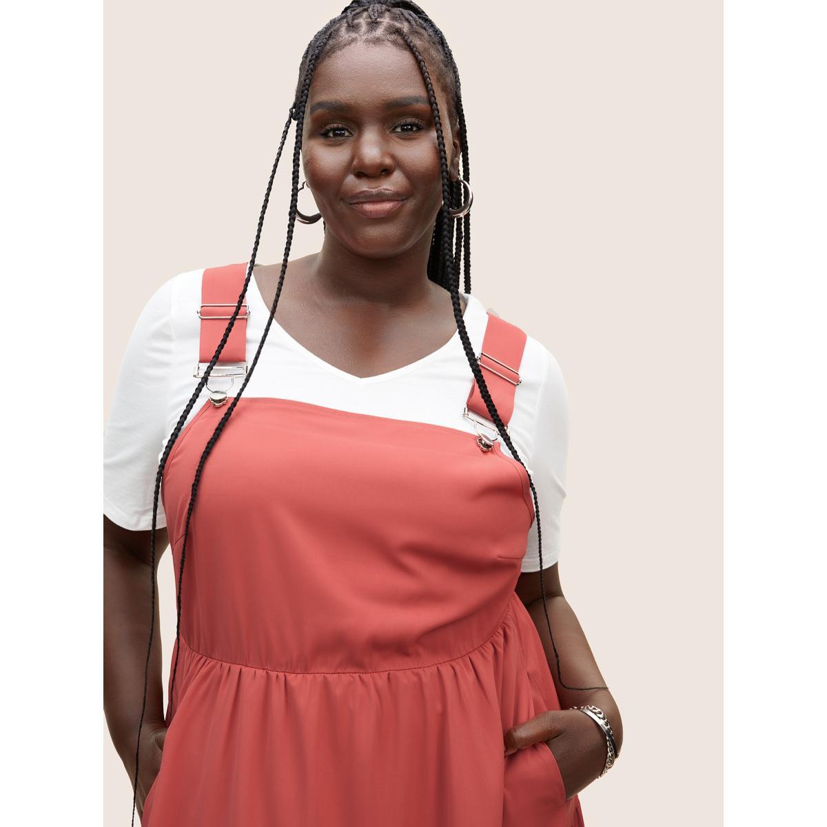 Plus Size Plain Ruffle Layered Hem Adjustable Straps Dress Coral Women Casual Non Square Neck Sleeveless Curvy BloomChic 28/5X Product Image