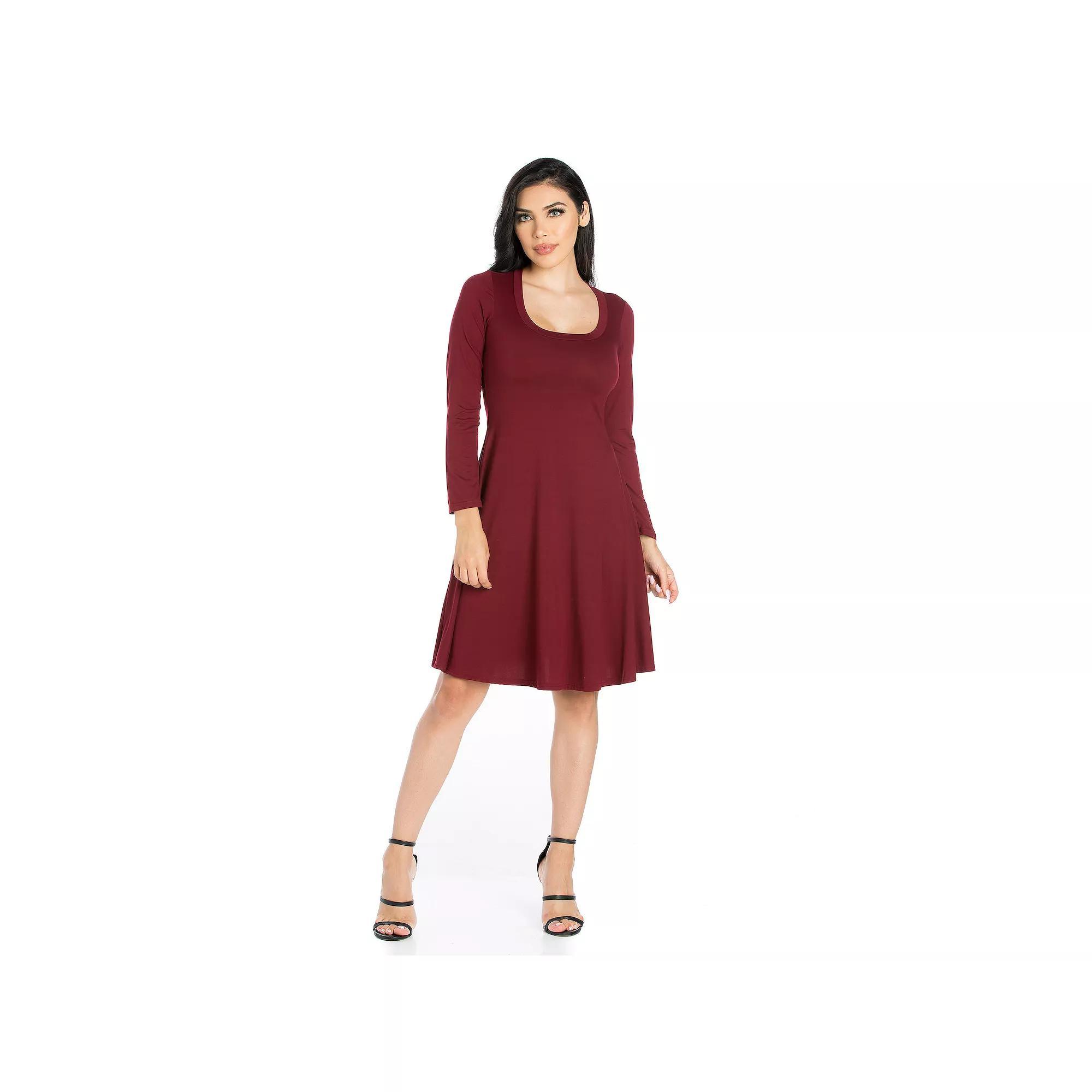 Women's 24seven Comfort Apparel Classic Scoopneck Long Sleeve Flared Mini Dress, Size: XL, Red2 Product Image