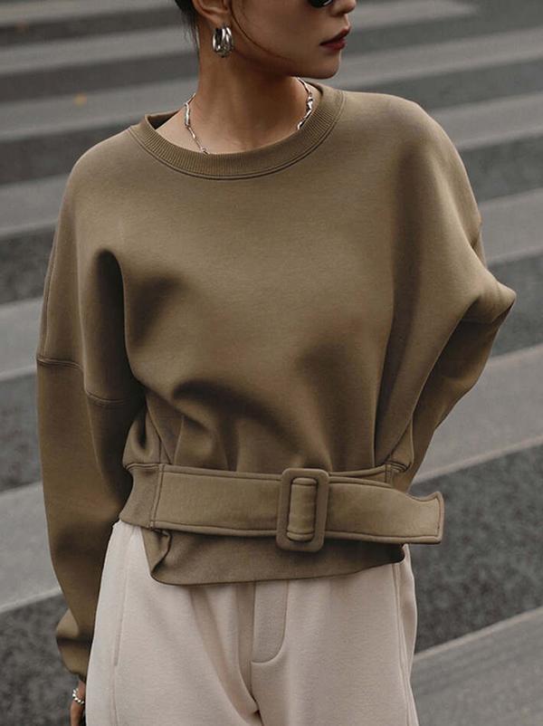 Long Sleeves Loose Belt Buckle Solid Color Round-Neck Sweatshirt Tops Product Image