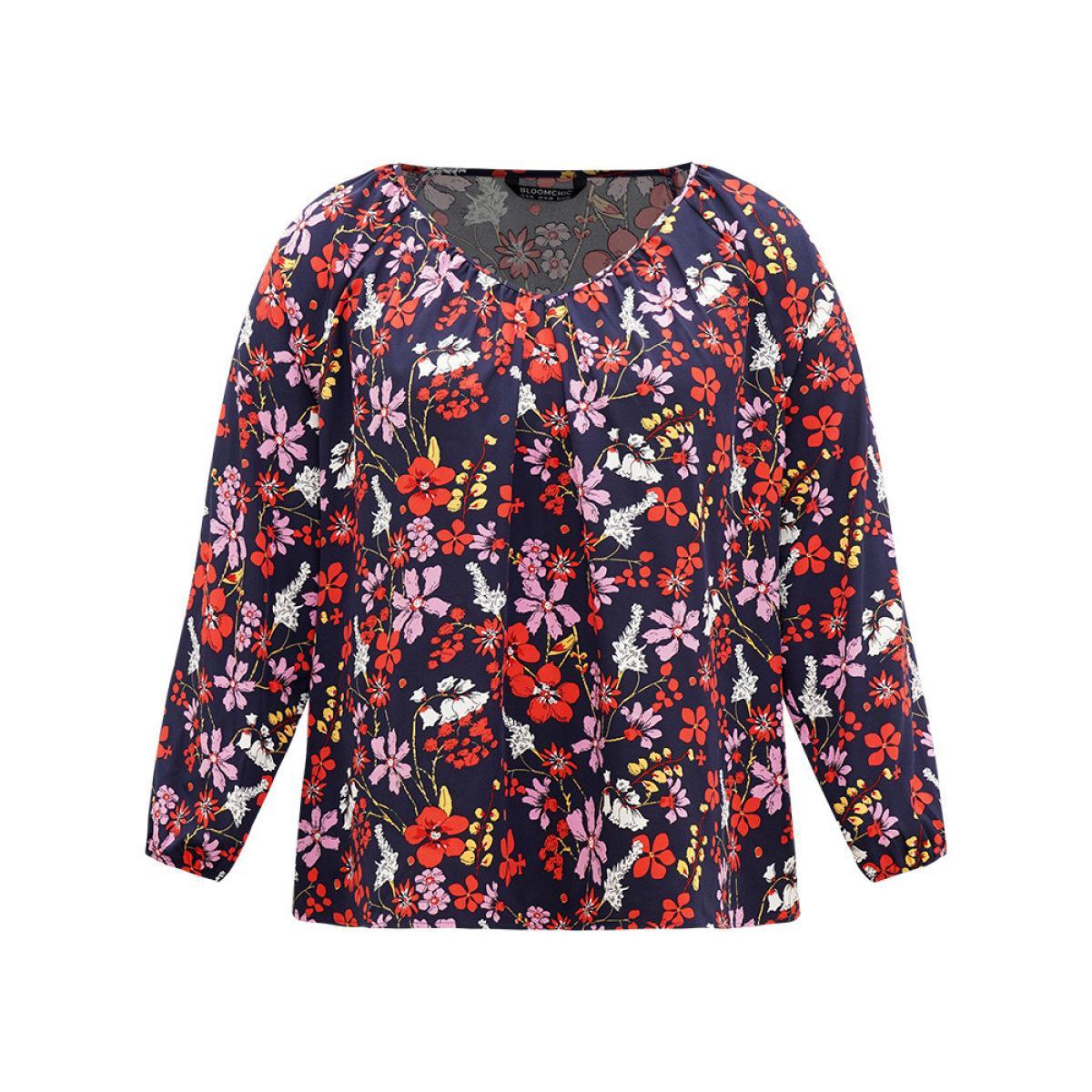 Plus Size Multicolor Floral Print Gathered Lantern Sleeve Blouse Women Elegant Long Sleeve V-neck Dailywear Blouses BloomChic 10/M Product Image