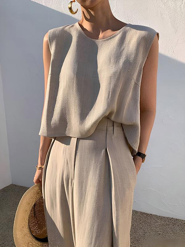Loose Short Sleeves Hollow Solid Color Split-Joint Round-Neck Vest Top Product Image