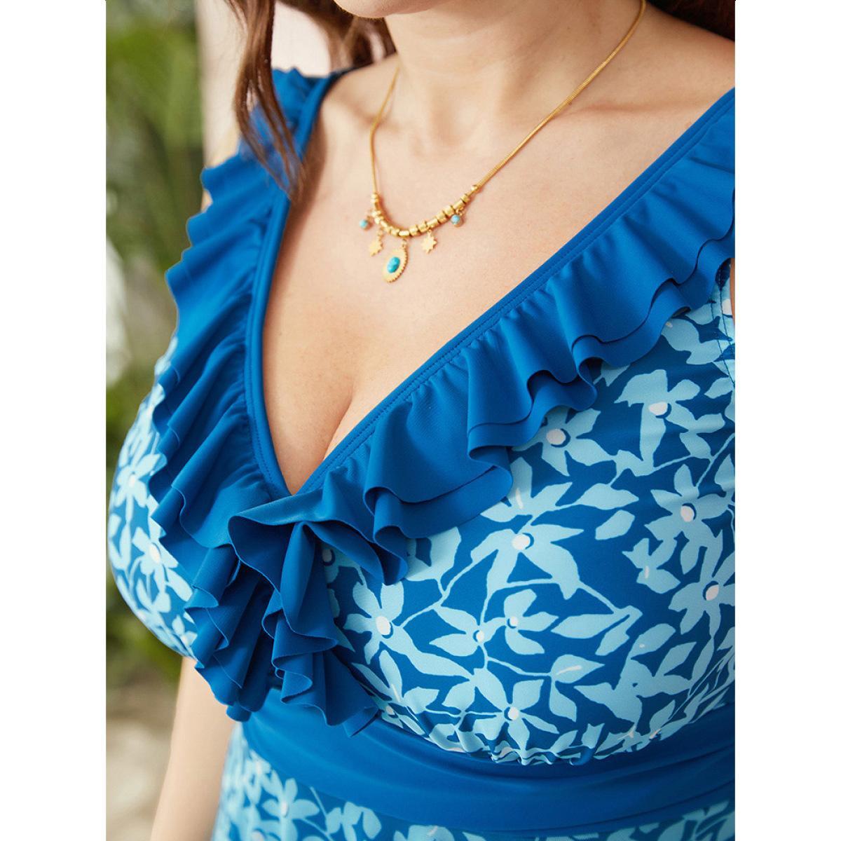 Plus Size Floral Print Contrast Trim Ruffle Tiered Swim Dress Women's Swimwear Blue Vacation Bodycon V-neck High stretch Curve Swim Dresses BloomChic 14-16/1X Product Image