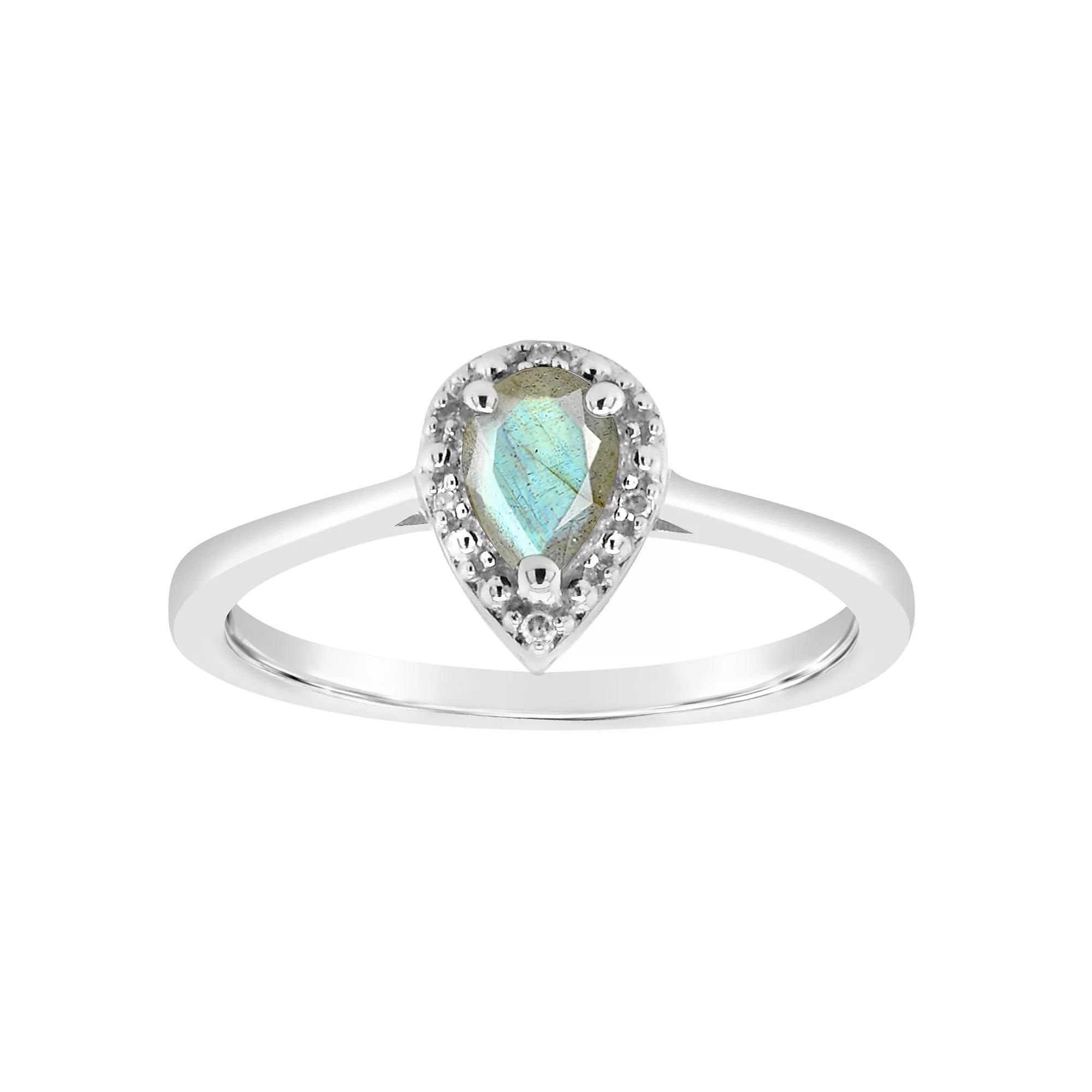 Celebration Gems Sterling Silver 6 mm x 4 mm Pear Shaped Labradorite & Diamond Accent Halo Ring, Women's, Size: 8 Product Image