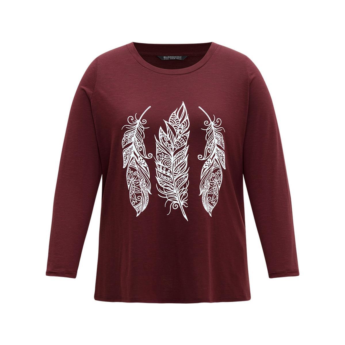 Plus Size Feather Print Round Neck T-shirt Burgundy Women Casual Printed Art&design Dailywear T-shirts BloomChic 12/L Product Image