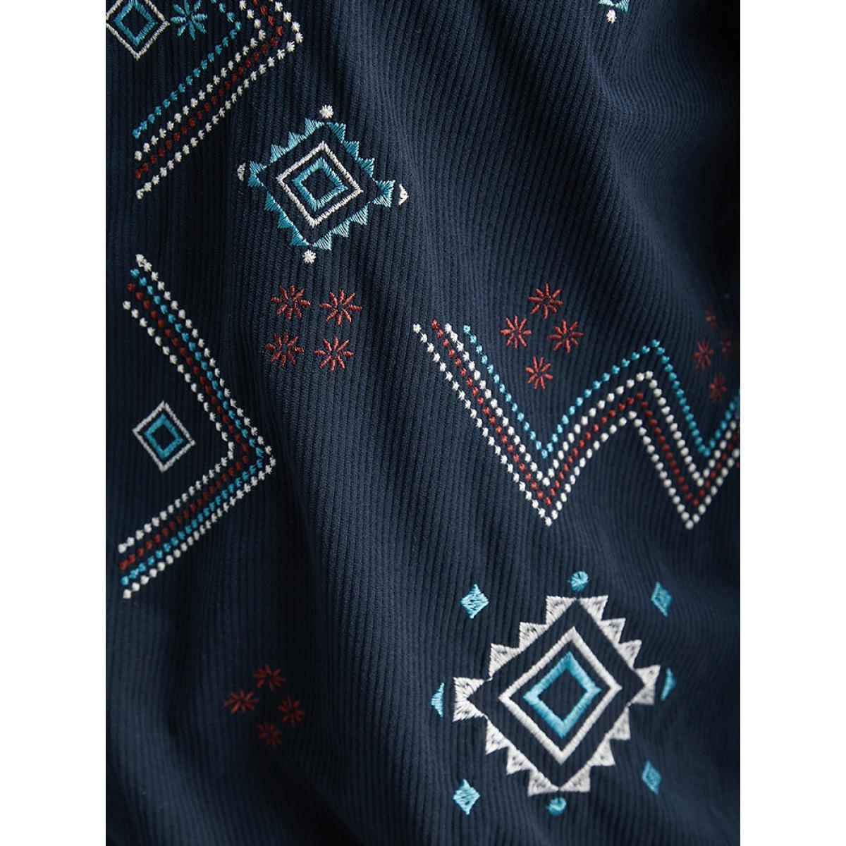 Plus Size Corduroy Geo Embroidered Zipper Fly Jacket Women Indigo Elastic cuffs Dailywear Jackets BloomChic 28/5X Product Image