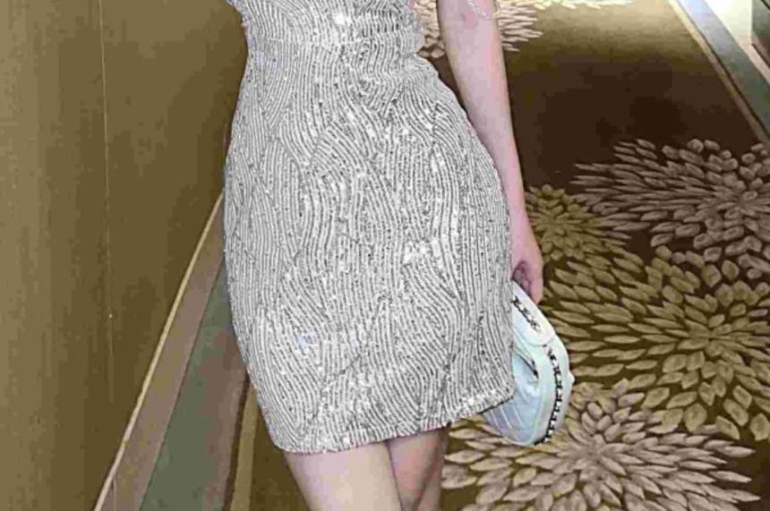 Sleeveless One Shoulder Plain Sequin Cutout Beaded Mini Sheath Cocktail Dress Product Image