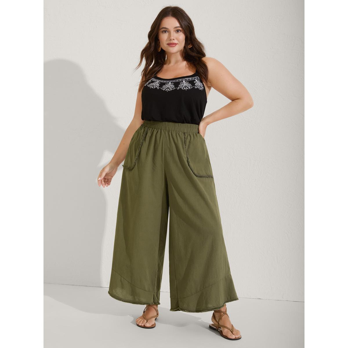 Plus Size Stretchy Waist Frayed Hem Wide-Leg Pants Women ArmyGreen Resort Wide Leg Mid Rise Vacation Pants BloomChic 10/M Product Image