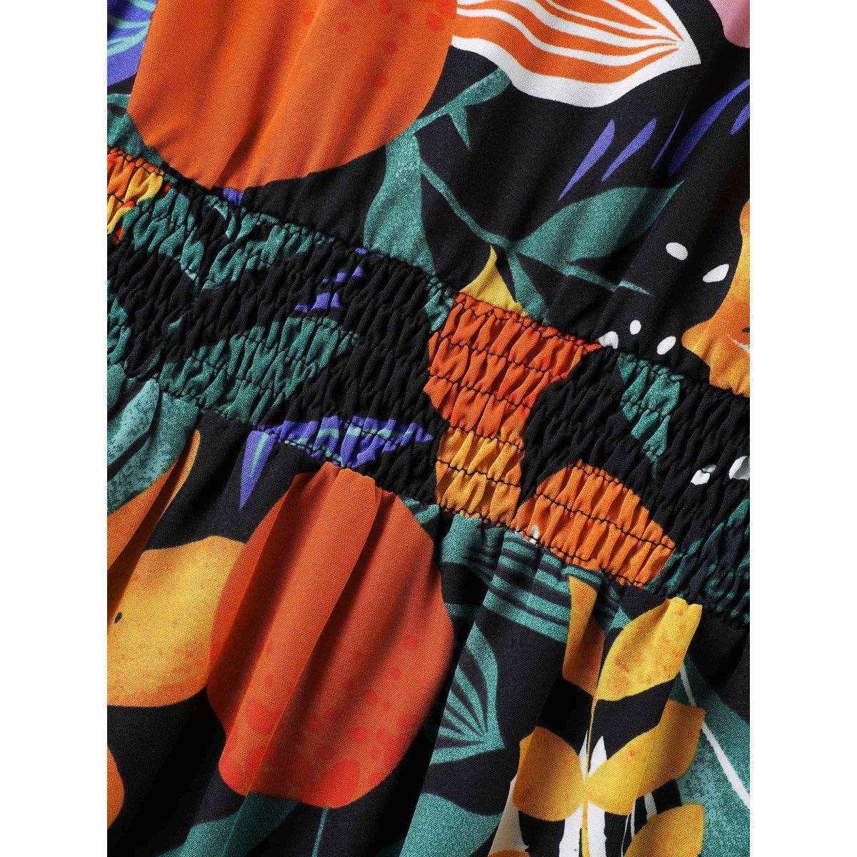 Plus Size Tropical Floral Print Shirred Pockets Midi Dress Black Women V-neck Short sleeve Curvy BloomChic 22-24/3X Product Image