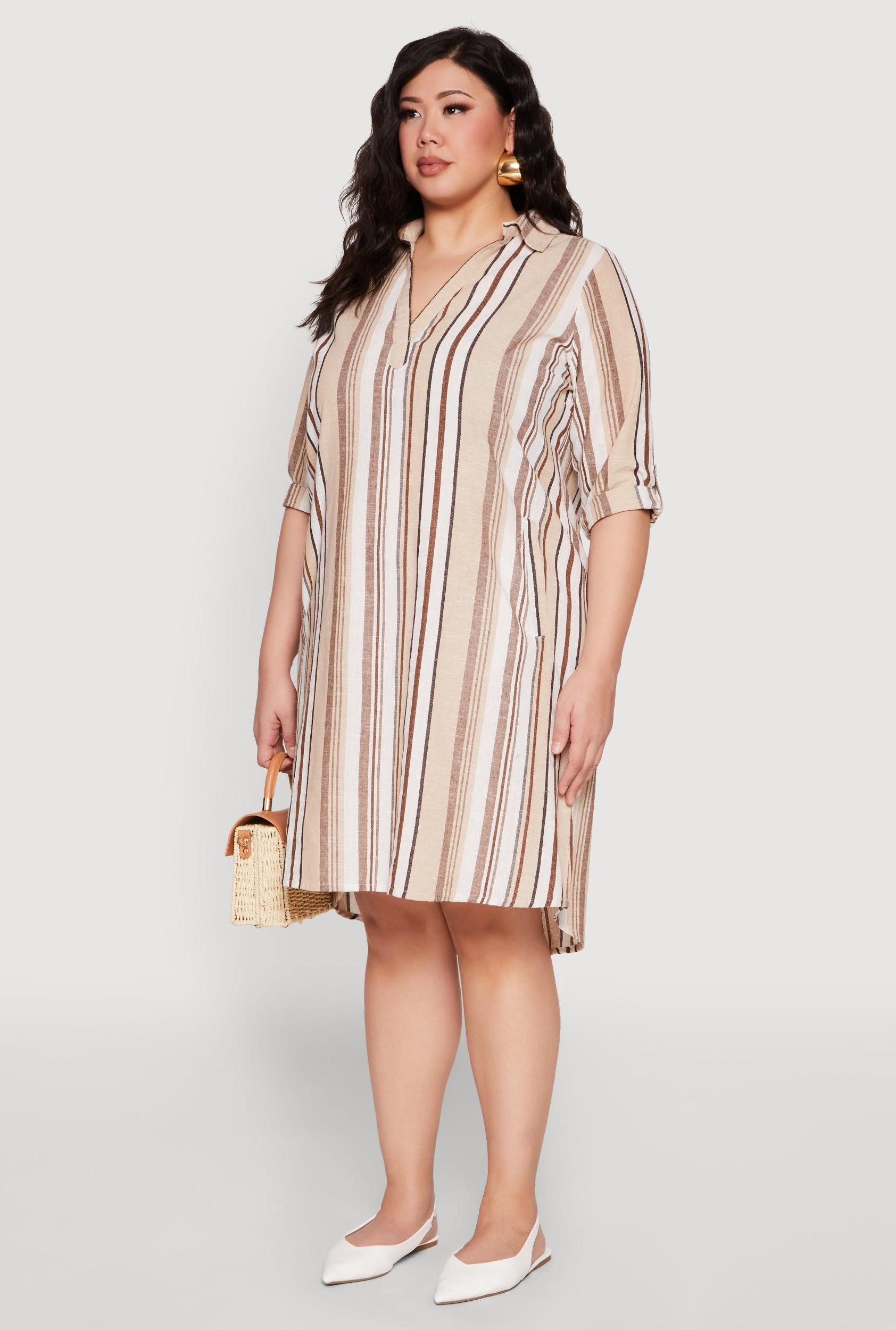 Womens Plus Size Tabbed Sleeve Striped Dress Product Image