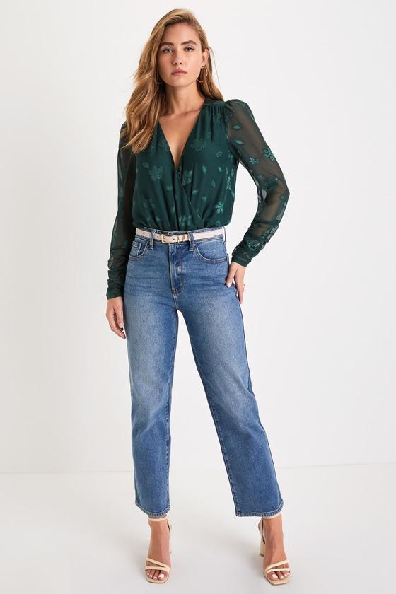 Charming Purpose Emerald Green Floral Jacquard Surplice Bodysuit Product Image