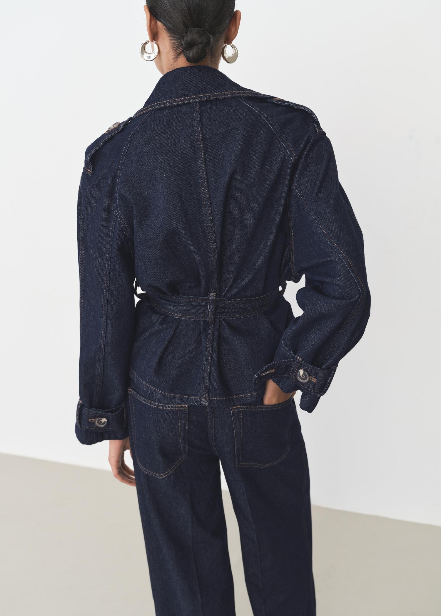 Short denim trench coat with belt - Women | MANGO USA Product Image