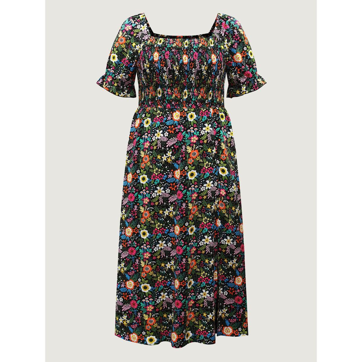 Plus Size Shirred Stretchy Waist Floral Midi Dress BlackFlower Women Square Neck Short sleeve Curvy BloomChic 12/L Product Image