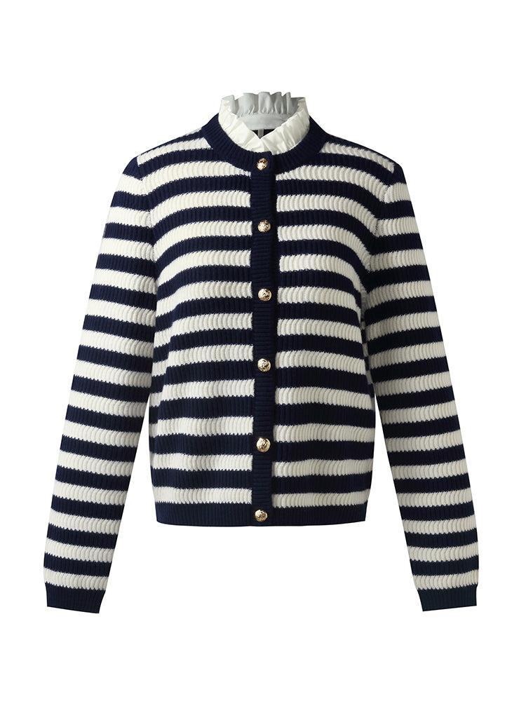 Blue And White Stripe Women Cardigan With Detachable Ruffle Collar Product Image