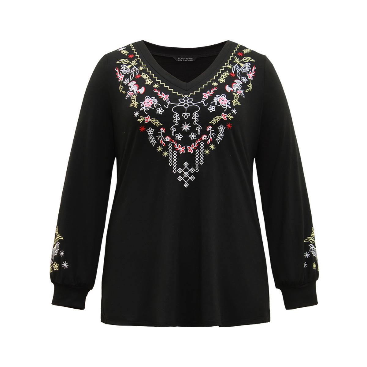 Plus Size Boho Embroidered V Neck Sweatshirt Women Black Elegant Elastic cuffs V-neck Dailywear Sweatshirts BloomChic 30/6X Product Image