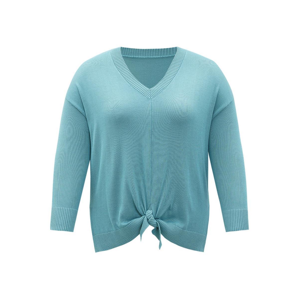 Plus Size Supersoft Essentials Bowknot Front Split Side Pullover Cerulean Women Casual Loose Long Sleeve V-neck Dailywear Pullovers BloomChic 28/5X Product Image