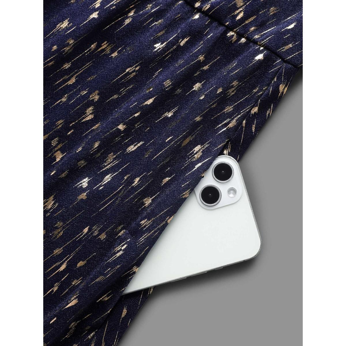 Plus Size Glitter Geometric Cap Sleeve Belted Dress Navy Women Cocktail Texture V-neck Cap Sleeve Curvy BloomChic 10/M Product Image