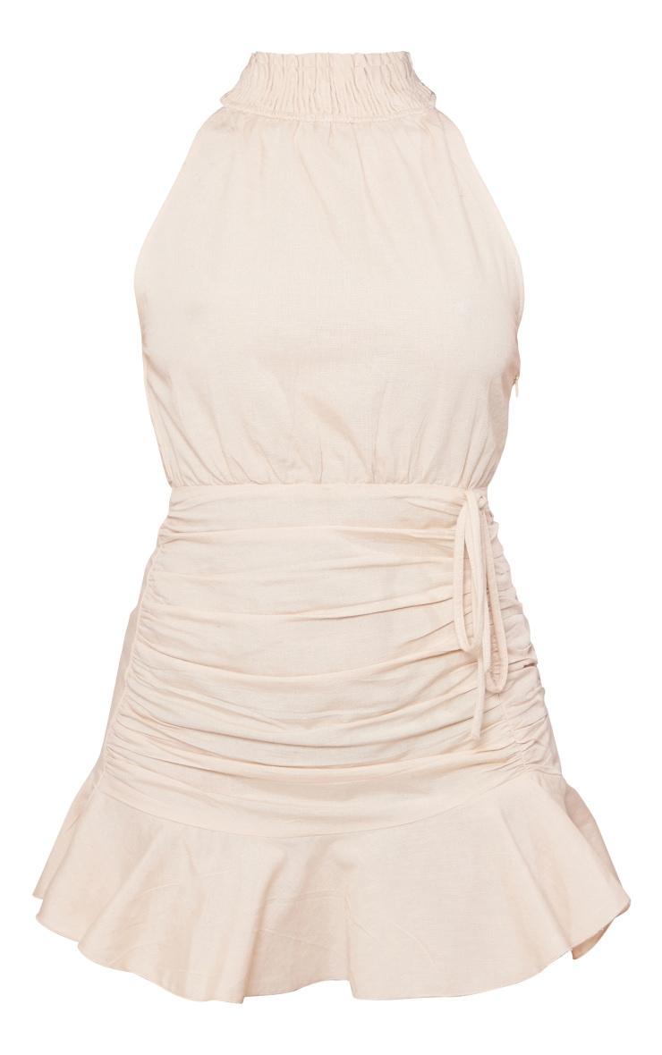 Stone Linen Look Shirred High Neck Frill Hem Bodycon Dress Product Image