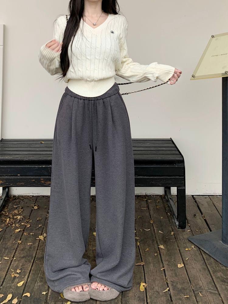 Drawstring Waist Plain Wide Leg Pants Product Image