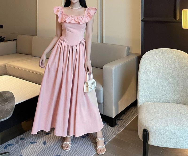 Cap-Sleeve Square Neck Plain Maxi A-Line Dress Product Image