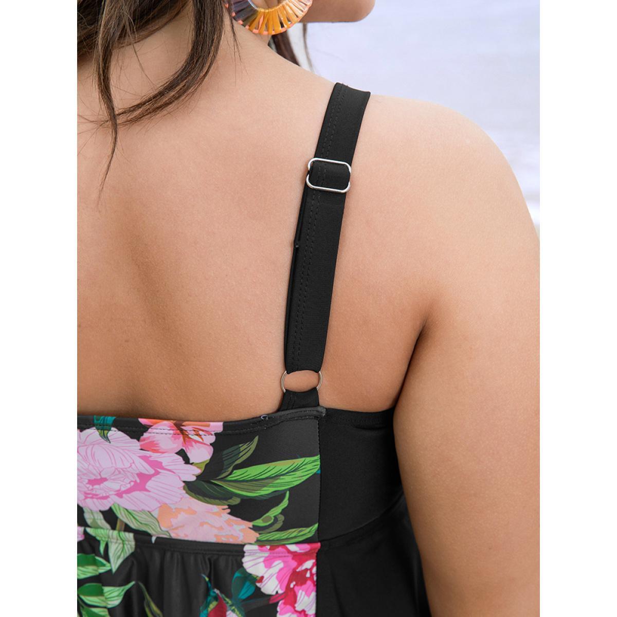 Plus Size Floral Patchwork Ruffle Knotted Swim Dress Women's Swimwear BlackFlower Vacation Bodycon V-neck High stretch Curve Swim Dresses BloomChic 18-20/2X Product Image