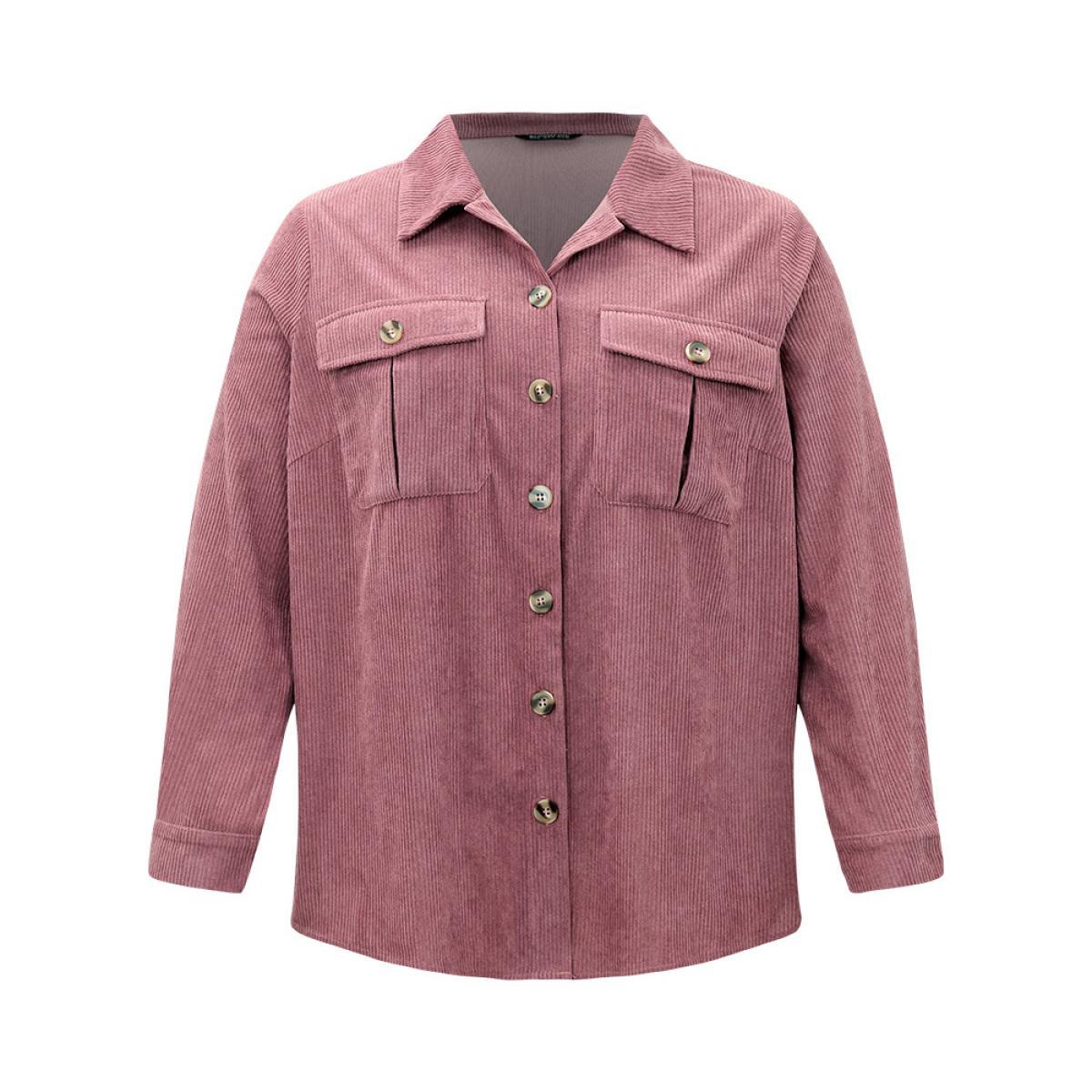 Plus Size Plain Texture Pocket Button Through Shirt Collar Coat Women DustyPink Casual Texture Ladies Dailywear Winter Coats BloomChic 14-16/1X Product Image