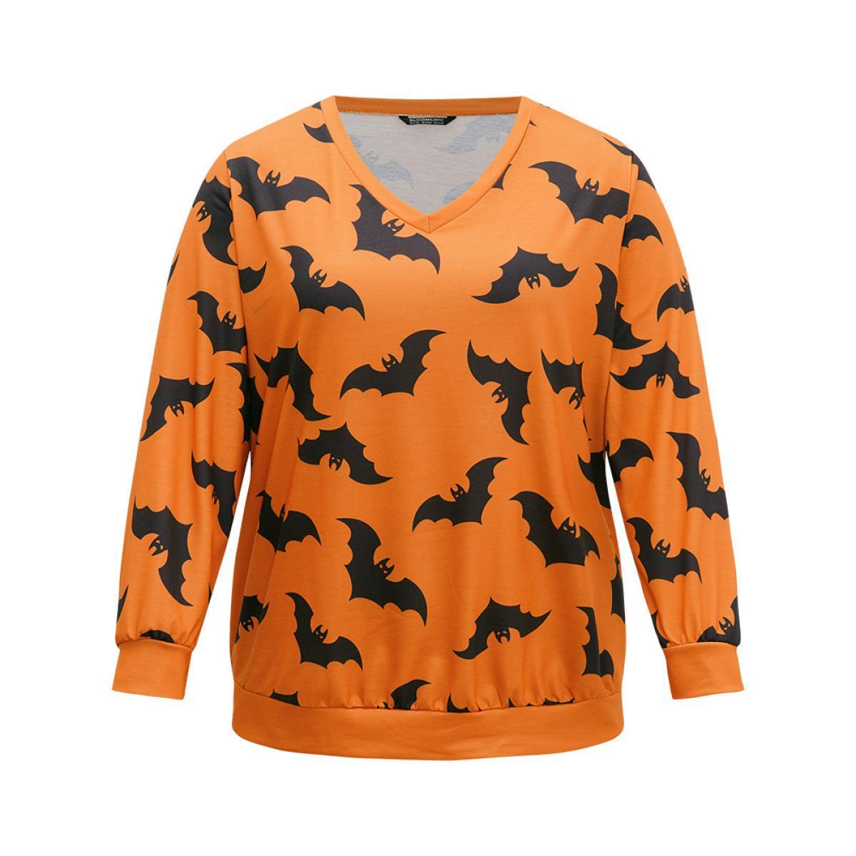 Plus Size Halloween Bat Print V Neck Sweatshirt Women OrangeRed Casual Elastic cuffs V-neck Festival-Halloween Sweatshirts BloomChic 22-24/3X Product Image