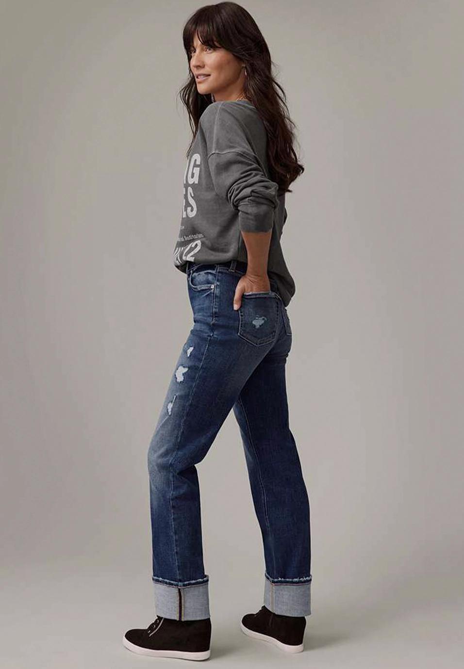Maurices Womens Edgely Dark High Rise Cuffed Relaxed Straight Jeans Blue Size 8 Product Image