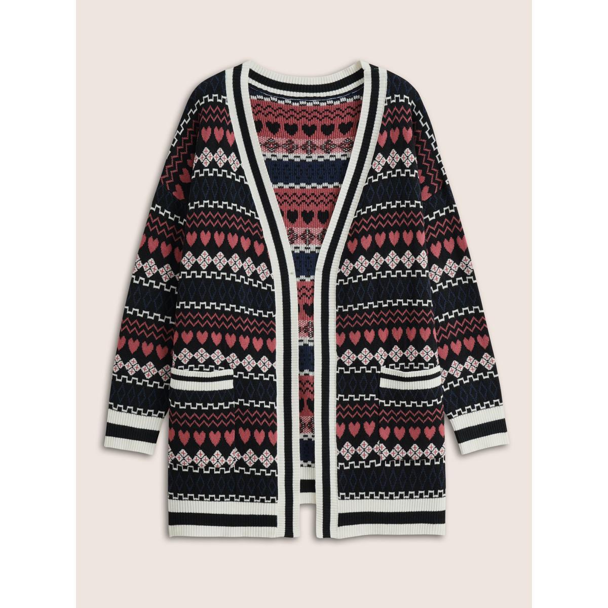 Plus Size Heart Geometric Jacquard Pocket Cardigan Black Women Casual Long Sleeve Everyday Cardigans BloomChic 10/M Product Image