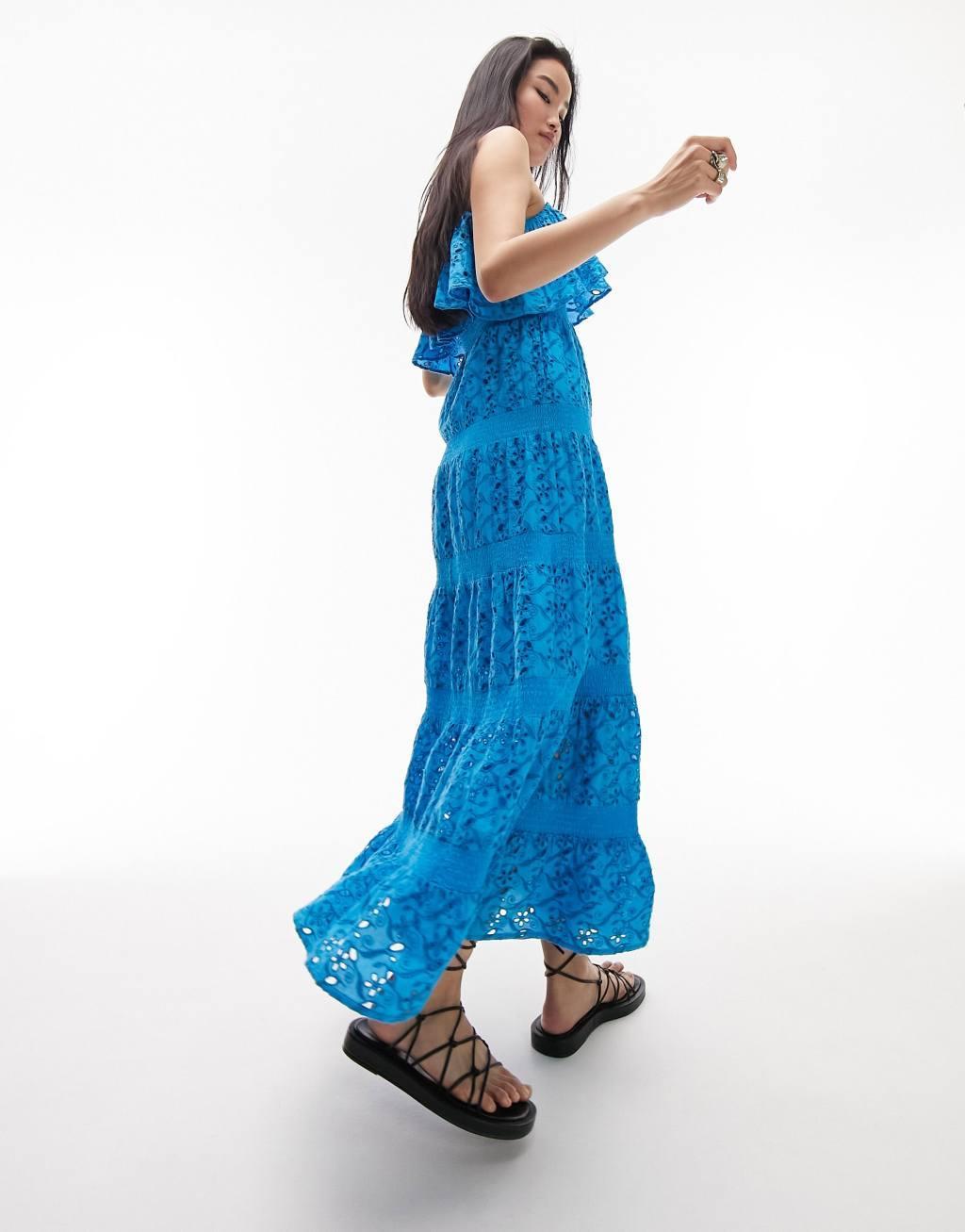 Topshop strappy eyelet maxi dress with frill neck Product Image