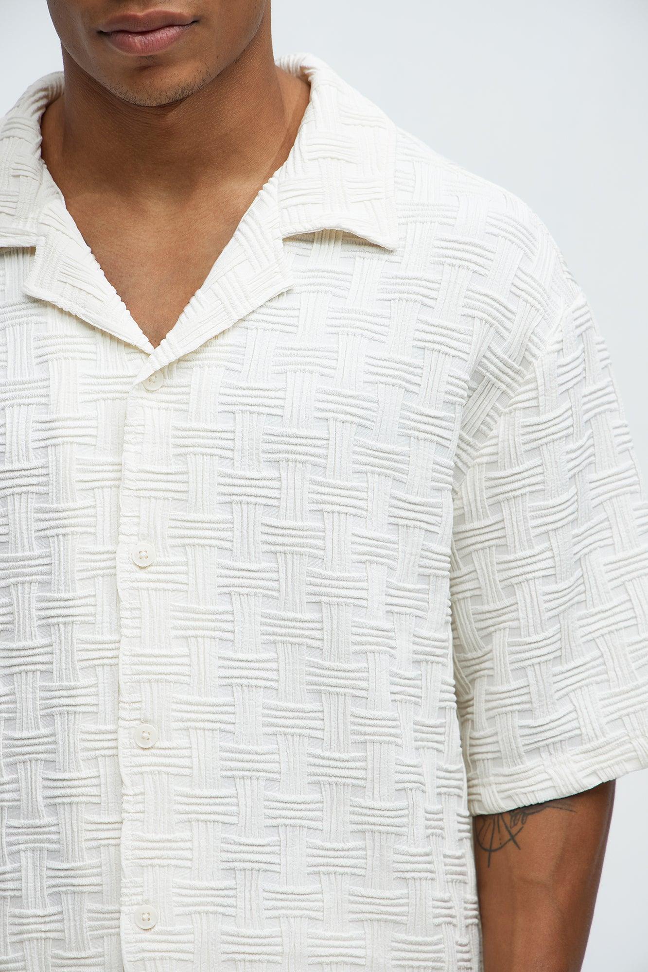 Criss Cross Textured Cuban Collar Shirt - Cream Product Image
