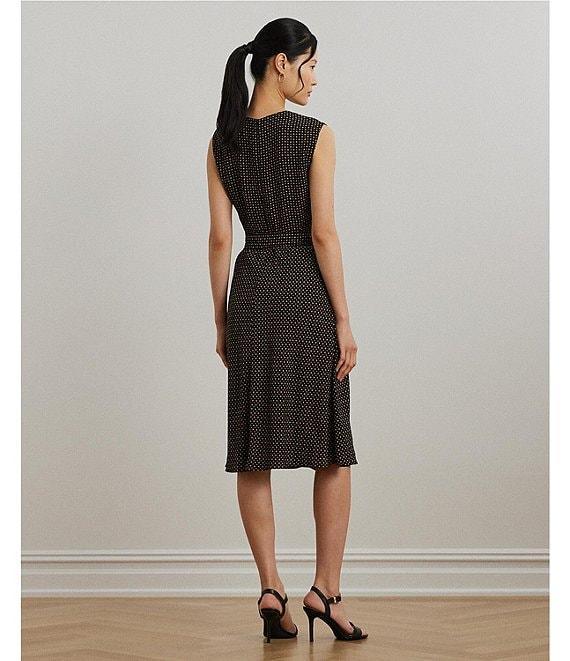 Lauren Ralph Lauren Petite Size Geometric Crepe Crew Neck Cap Sleeves Belted A-Line Dress Product Image