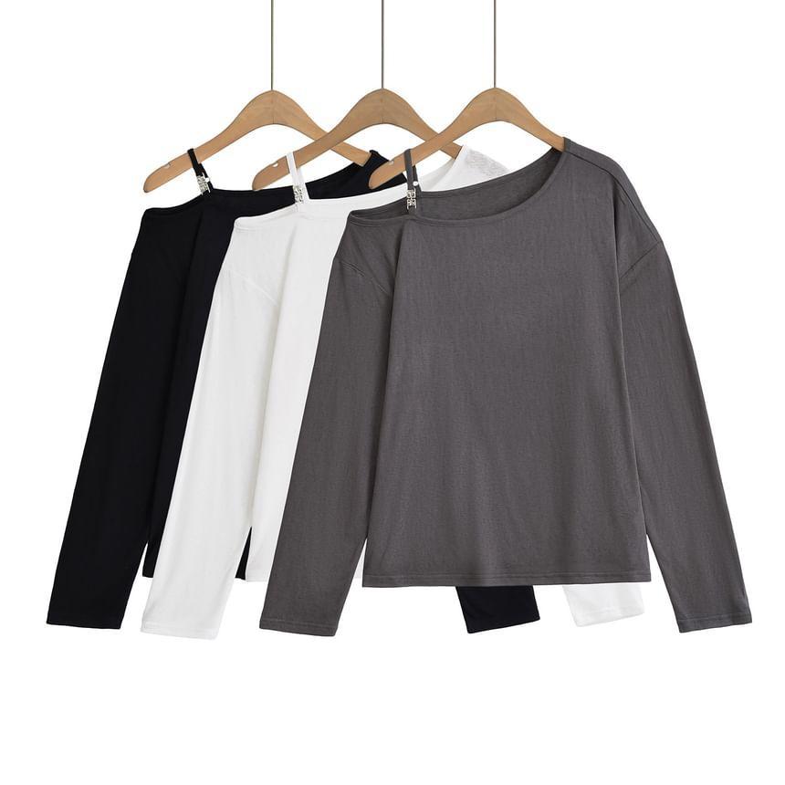 Cold-Shoulder Long-Sleeve Plain Tee Product Image