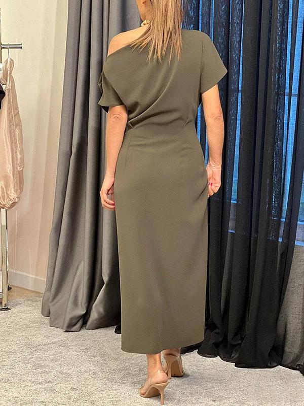 Raglan Sleeve Asymmetric Pleated Split-Front Split-Joint One-Shoulder Evening Dresses Maxi Dresses Product Image