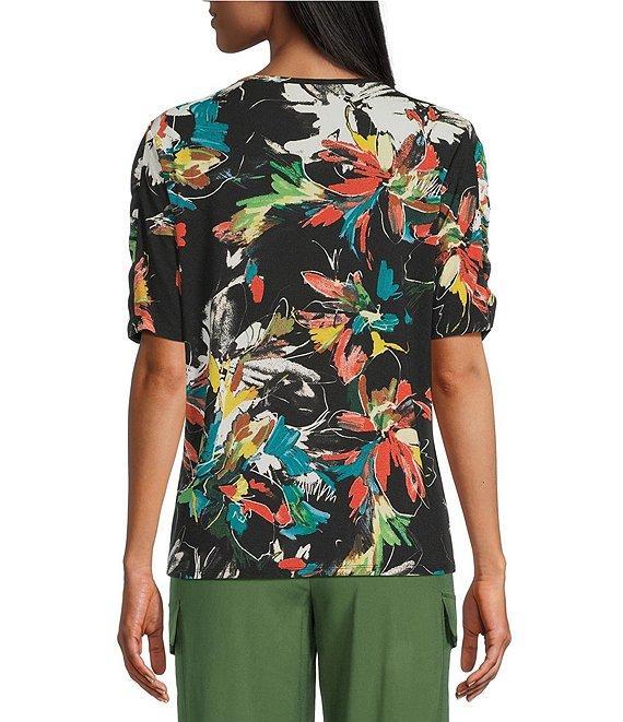 Investments Petite Size Knit Floral Garden Gestures Elbow Length Sleeve Crew Neck Top Product Image
