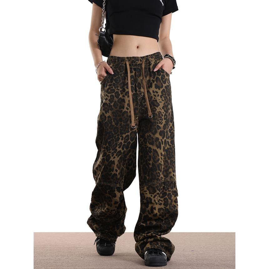 High Rise Leopard Print Wide Leg Cargo Pants Product Image