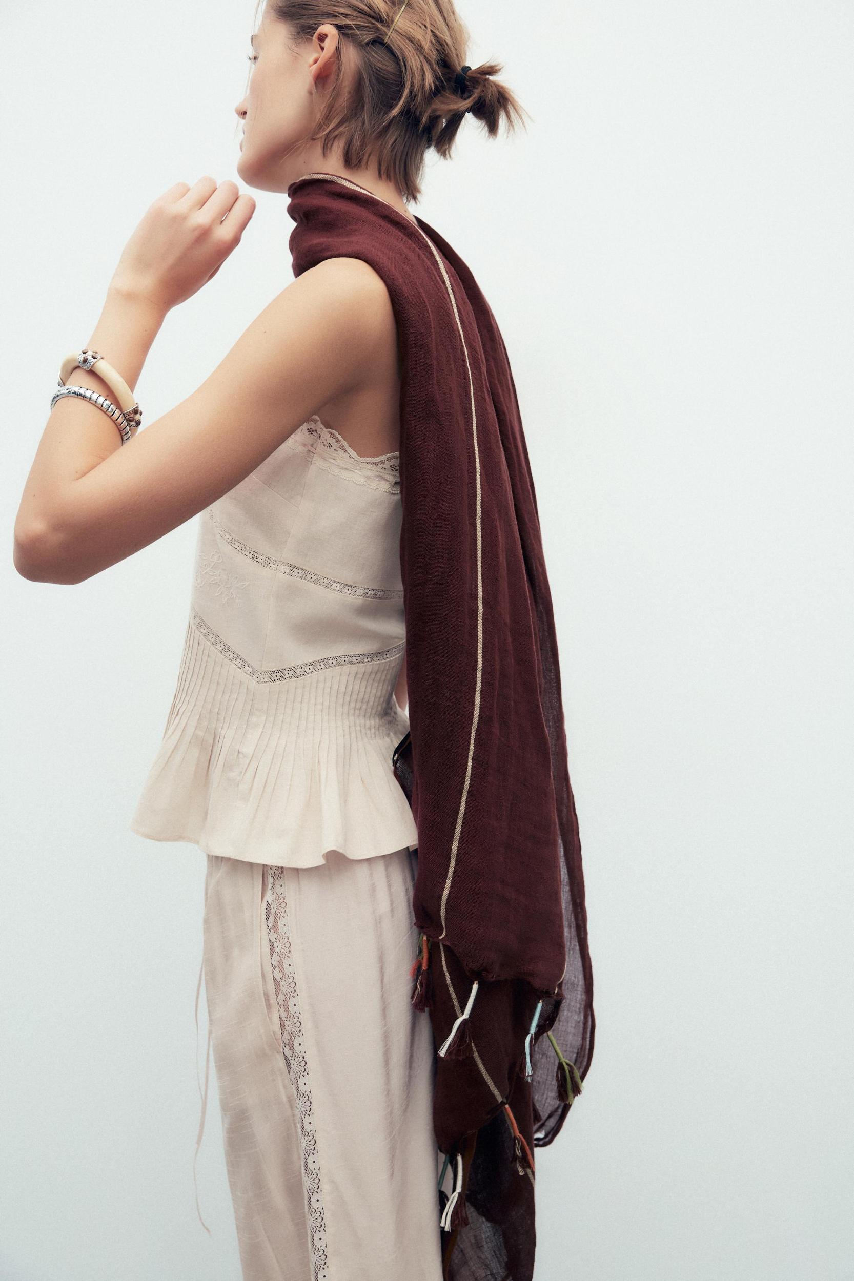 STRIPED FRINGED LINEN BLEND SCARF Product Image