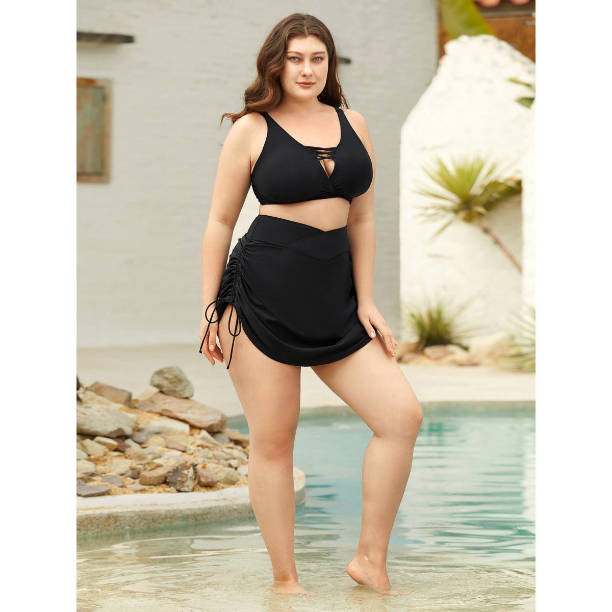 Plus Size Drawstring Adjustable Coverage Ruched Swim Bottoms Women's Swimwear Black Beach Overlapping High stretch Skinny High Rise Curve Swim Bottoms BloomChic 18-20/2X Product Image