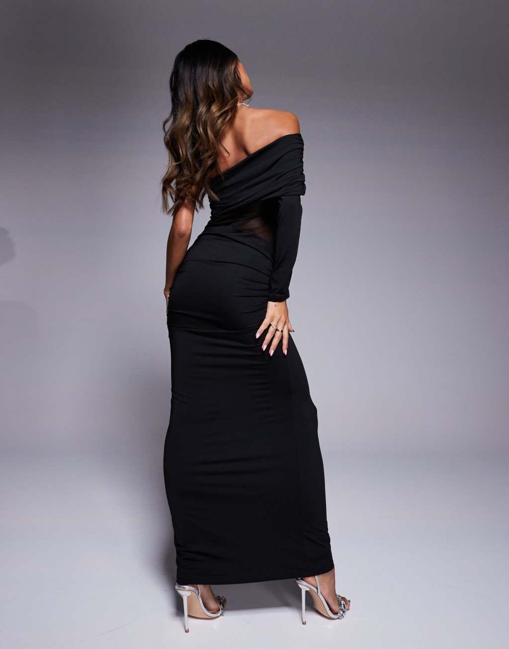 ASOS DESIGN asymmetric one shoulder maxi dress with mesh cut out in black Product Image