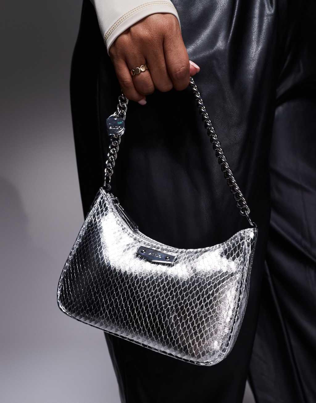 ALDO metallic shoulder bag with chain detail in silver Product Image