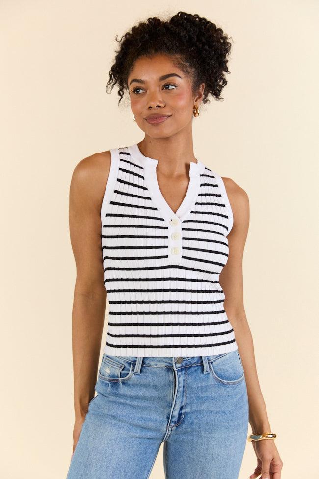 Read Between The Lines Ivory and Black Striped Henley Tank Product Image